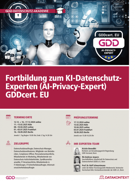 Fortbildung zum KI-Datenschutz-Experten (AI-Privacy-Expert) GDDcert. EU